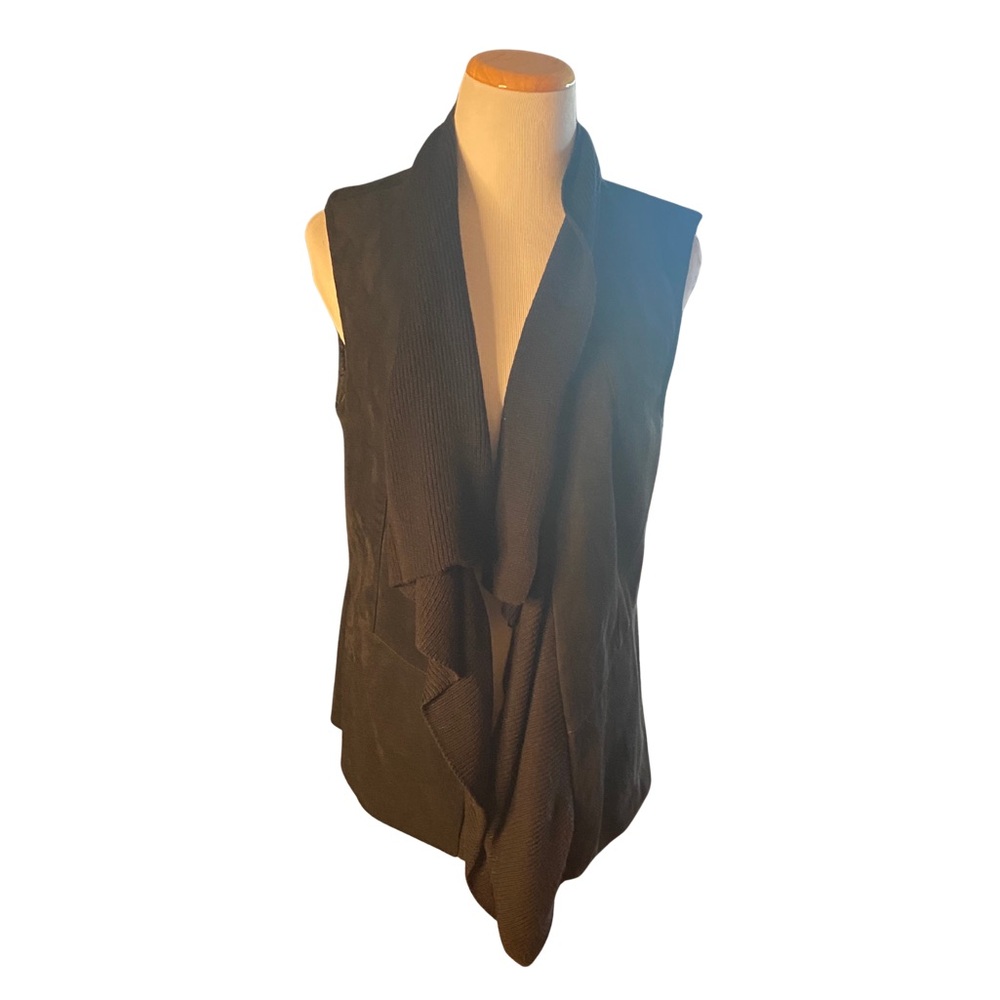Christopher & Banks Black Faux Suede Knit Trim Open Front Vest Size S - Picture 2 of 8